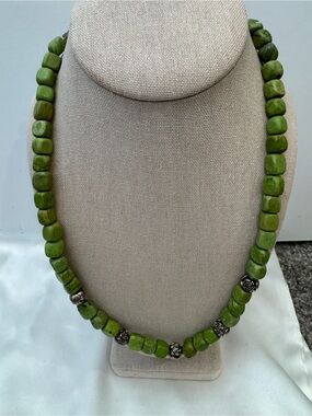 Green Bead Necklace Silver Tone Accent Beads 22” Statement Jewelry